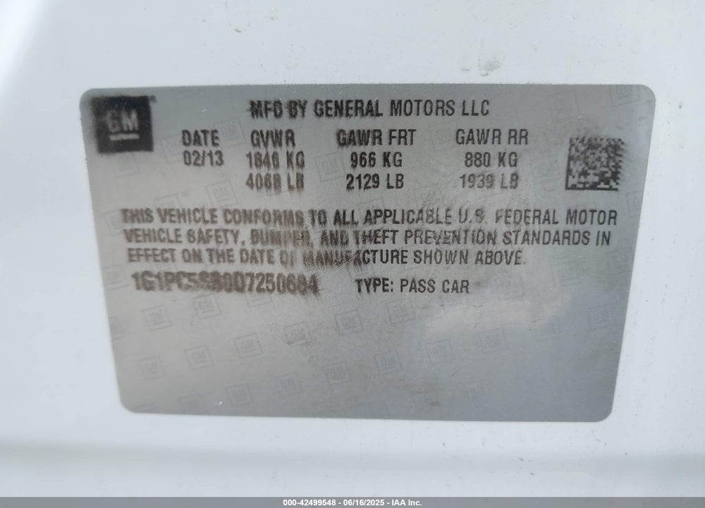 2013 CHEVROLET CRUZE VIN: 1G1PC5SB0D7250684