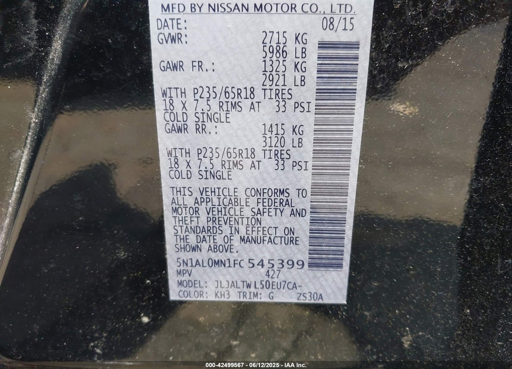 2015 INFINITI QX60 VIN: 5N1AL0MN1FC545399