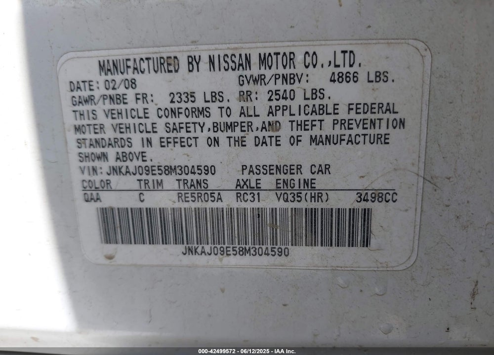 2008 INFINITI EX35 JOURNEY VIN: JNKAJ09E58M304590