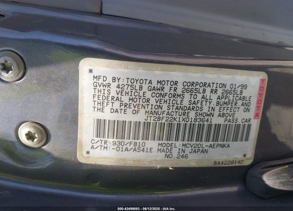 1999 TOYOTA CAMRY VIN: JT2BF22K1X0183641