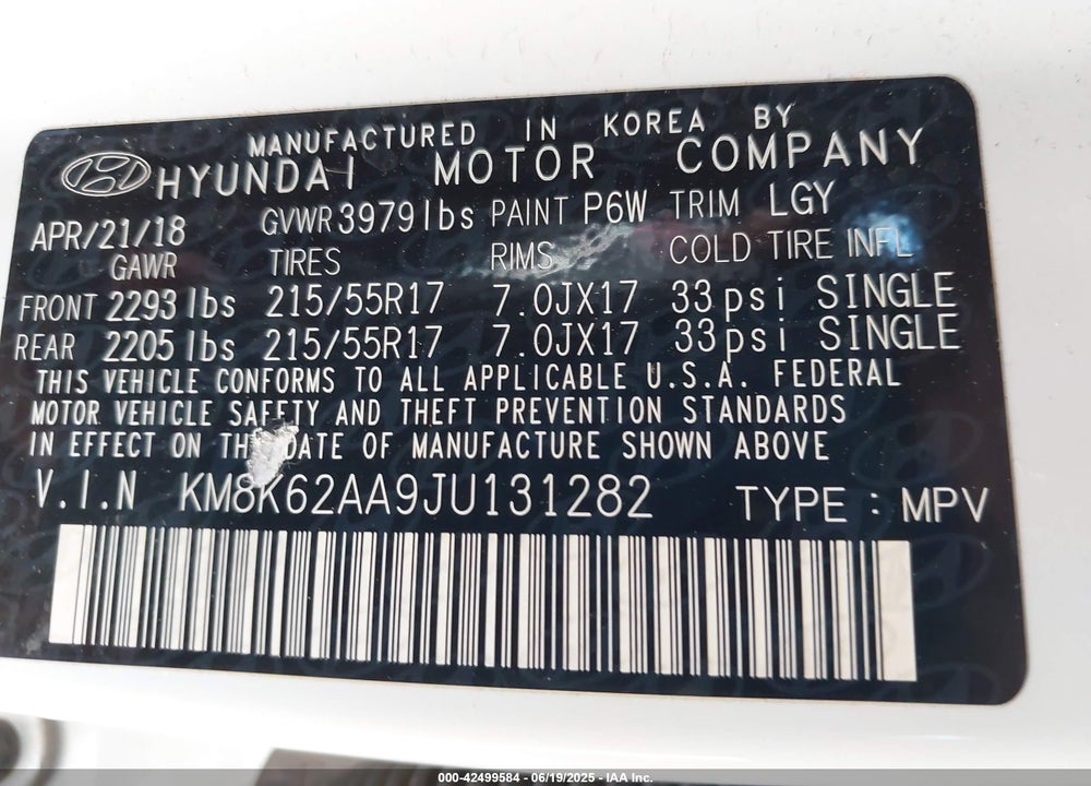 2018 HYUNDAI KONA VIN: KM8K62AA9JU131282