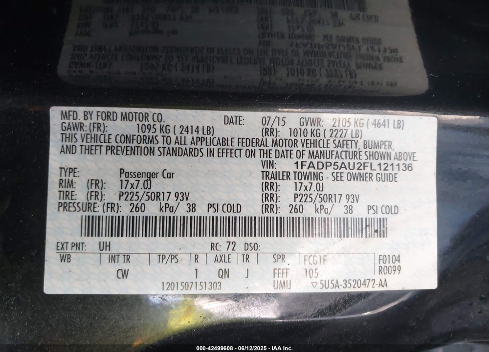 2015 FORD C-MAX HYBRID VIN: 1FADP5AU2FL121136