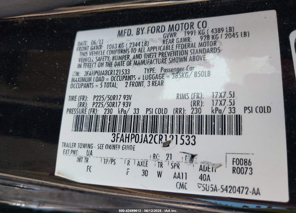 2012 FORD FUSION VIN: 3FAHP0JA2CR121533