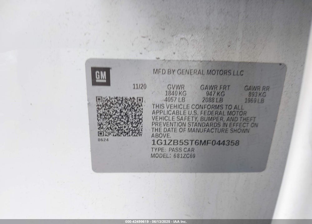 2021 CHEVROLET MALIBU VIN: 1G1ZB5ST6MF044358