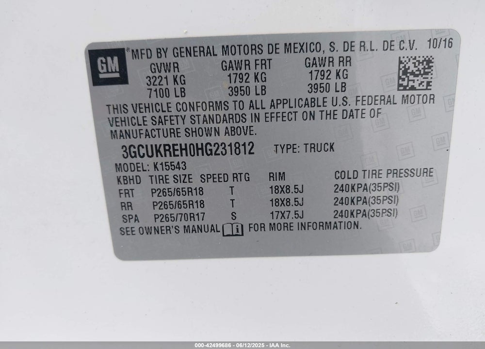 2017 CHEVROLET SILVERADO 1500 VIN: 3GCUKREH0HG231812