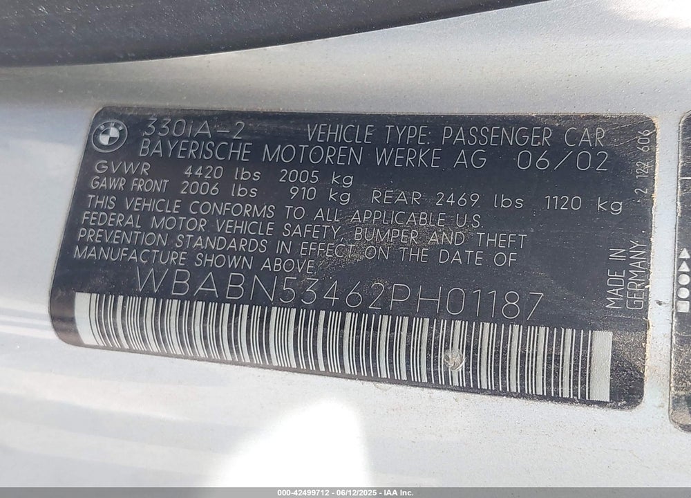 2002 BMW 330CI VIN: WBABN53462PH01187