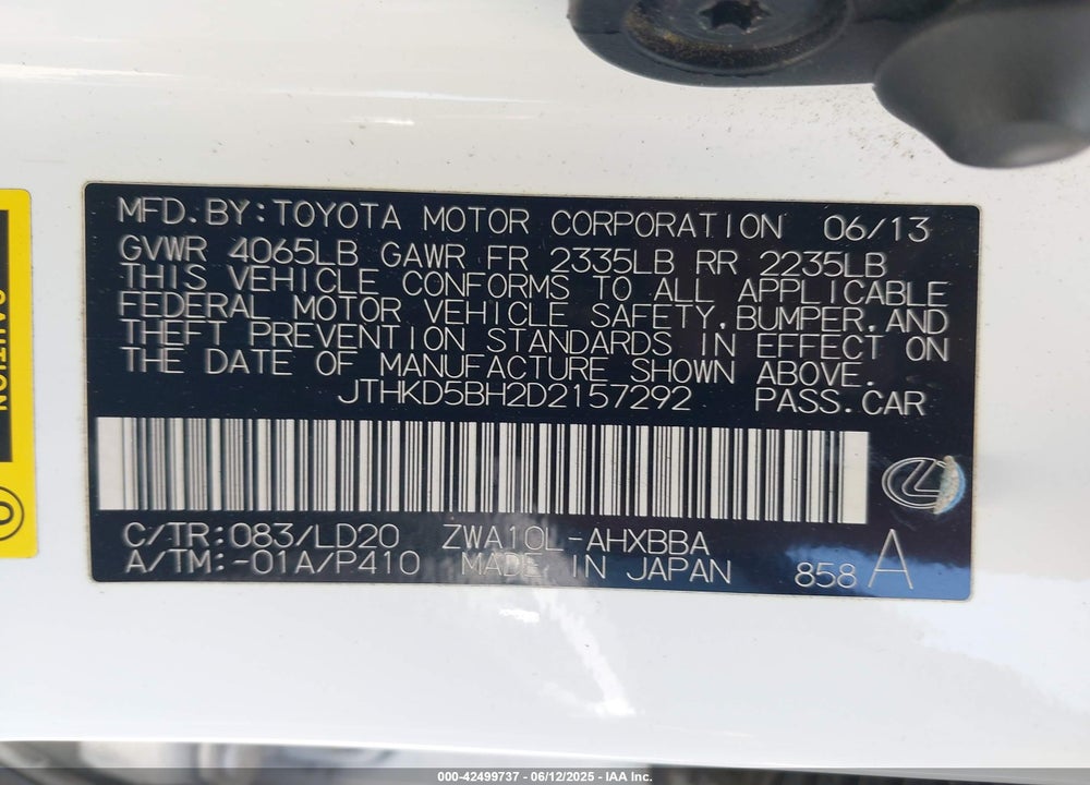 2013 LEXUS CT 200H VIN: JTHKD5BH2D2157292