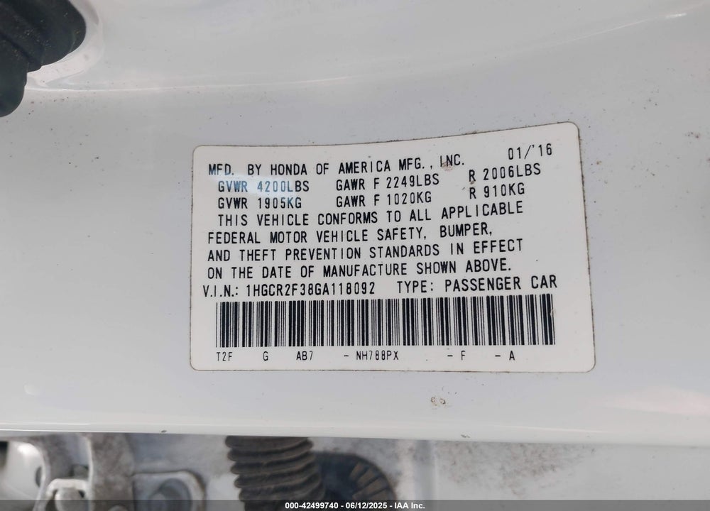 2016 HONDA ACCORD LX VIN: 1HGCR2F38GA118092