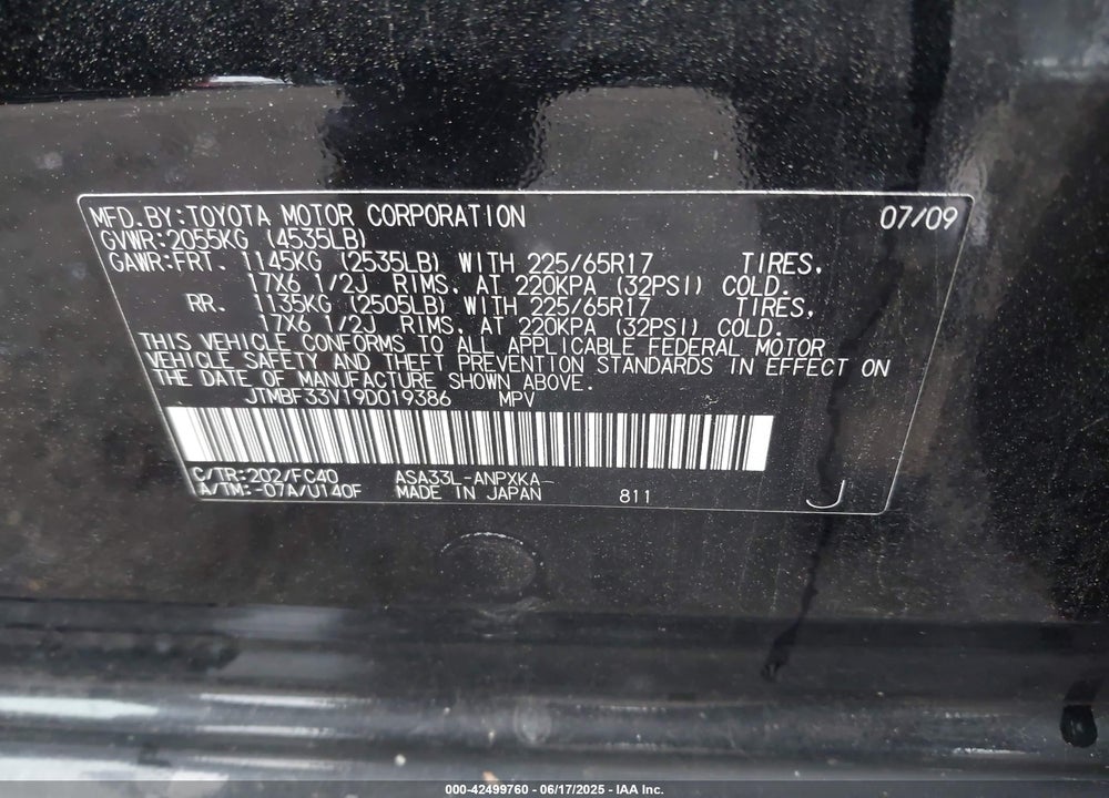 2009 TOYOTA RAV4 VIN: JTMBF33V19D019386