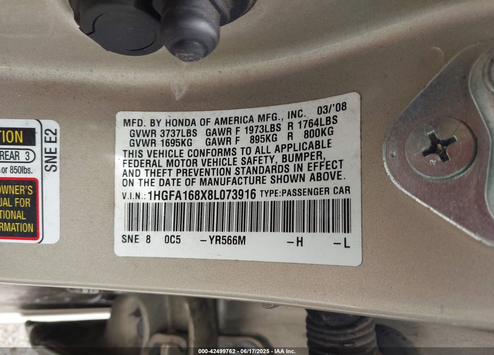 2008 HONDA CIVIC VIN: 1HGFA168X8L073916