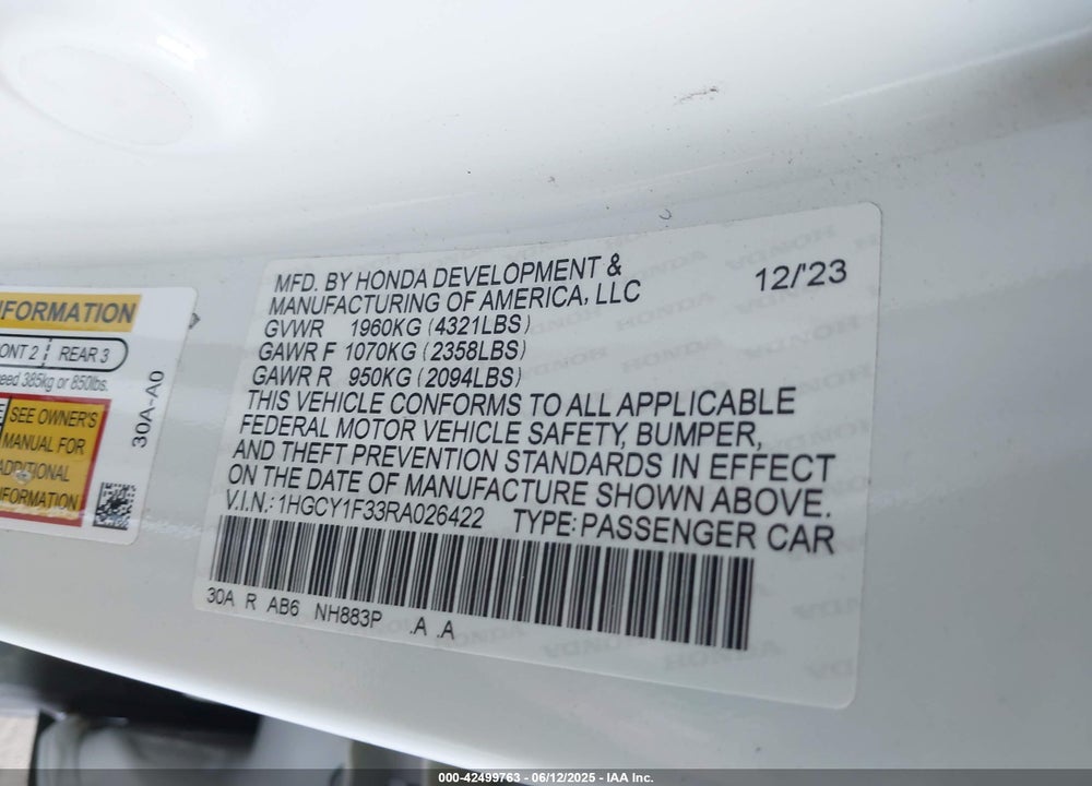 2024 HONDA ACCORD EX VIN: 1HGCY1F33RA026422