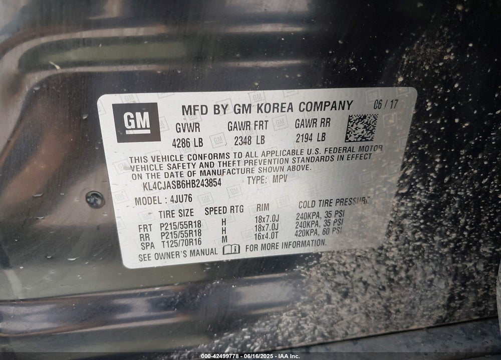 2017 BUICK ENCORE VIN: KL4CJASB6HB243854