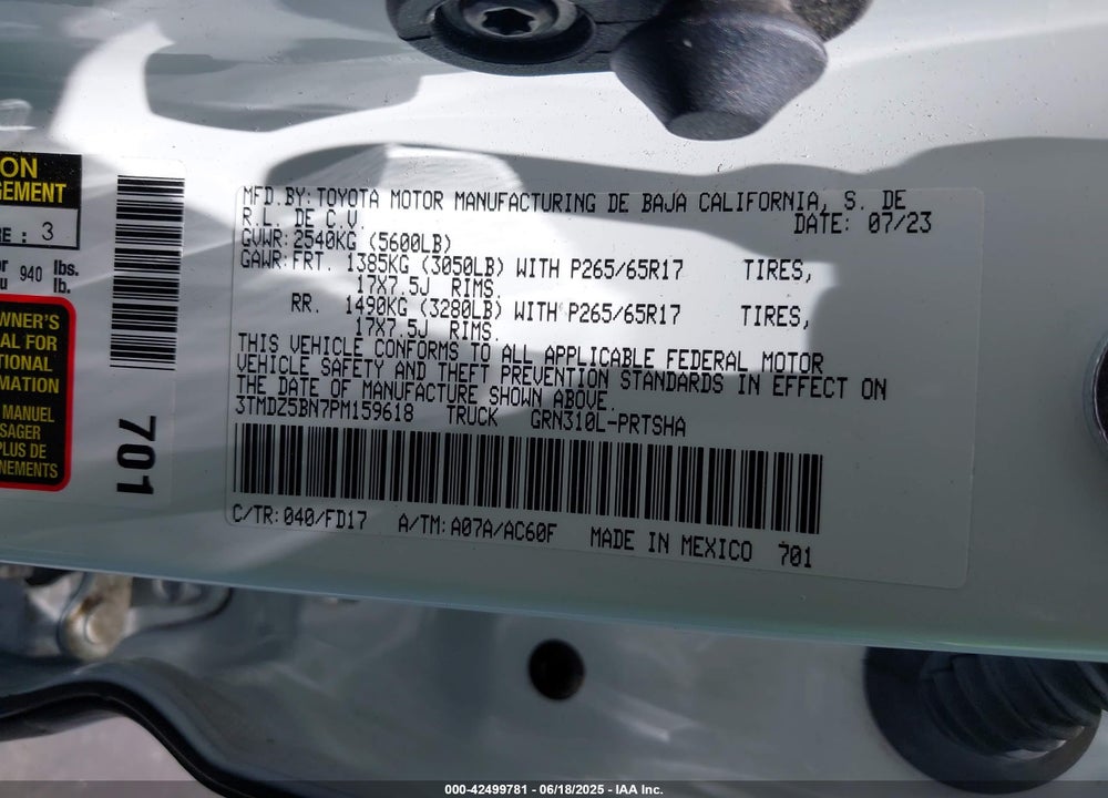 2023 TOYOTA TACOMA VIN: 3TMDZ5BN7PM159618