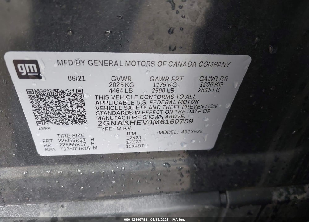 2021 CHEVROLET EQUINOX VIN: 2GNAXHEV4M6160759