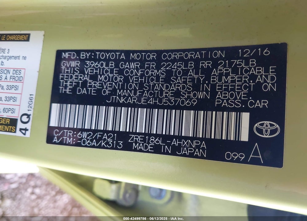 2017 TOYOTA COROLLA IM VIN: JTNKARJE4HJ537069