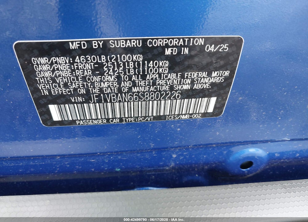 2025 SUBARU WRX VIN: JF1VBAN66S8802226