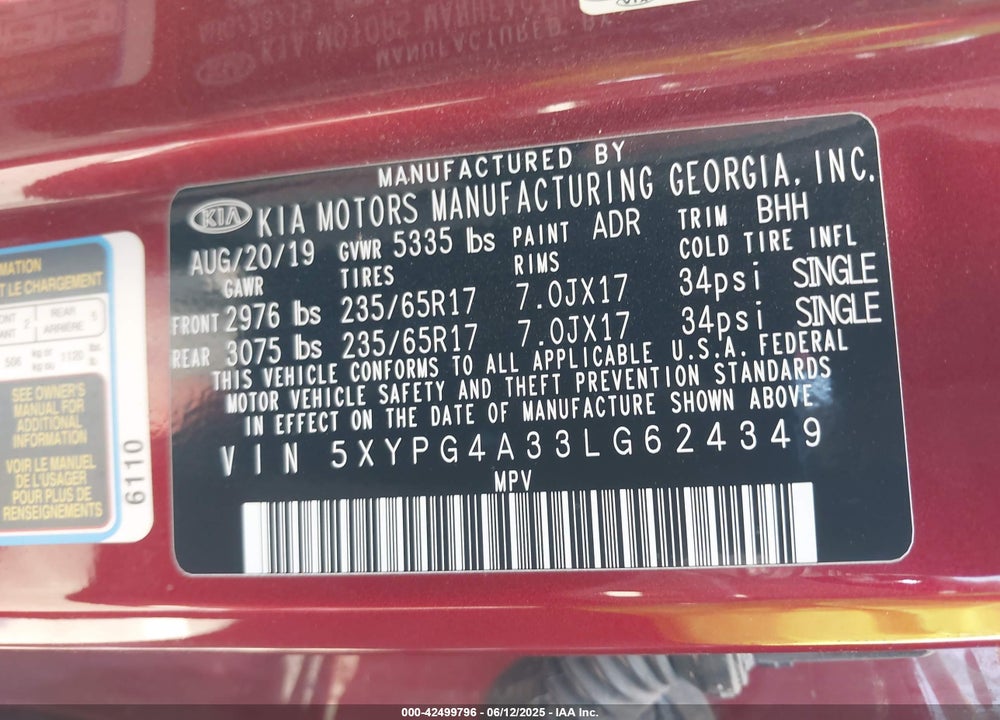 2020 KIA SORENTO 2.4L LX VIN: 5XYPG4A33LG624349
