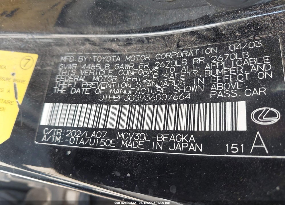 2003 LEXUS ES 300 VIN: JTHBF30G936007664