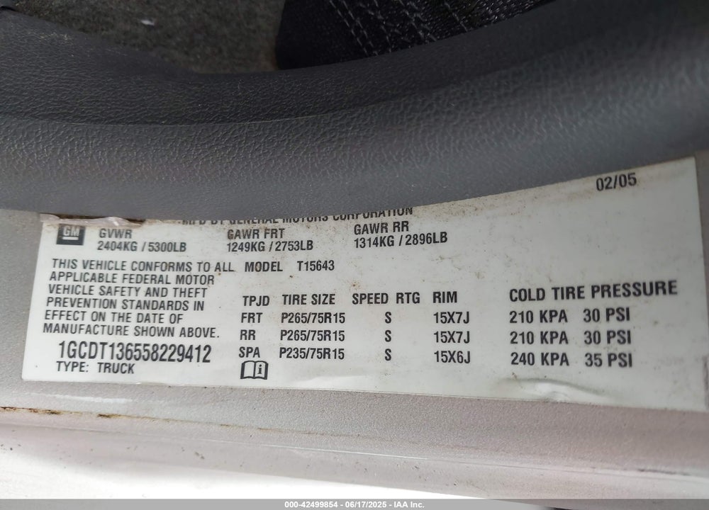 2005 CHEVROLET COLORADO LS VIN: 1GCDT136558229412