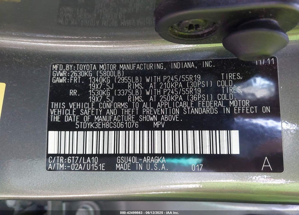2012 TOYOTA HIGHLANDER VIN: 5TDYK3EH8CS061076