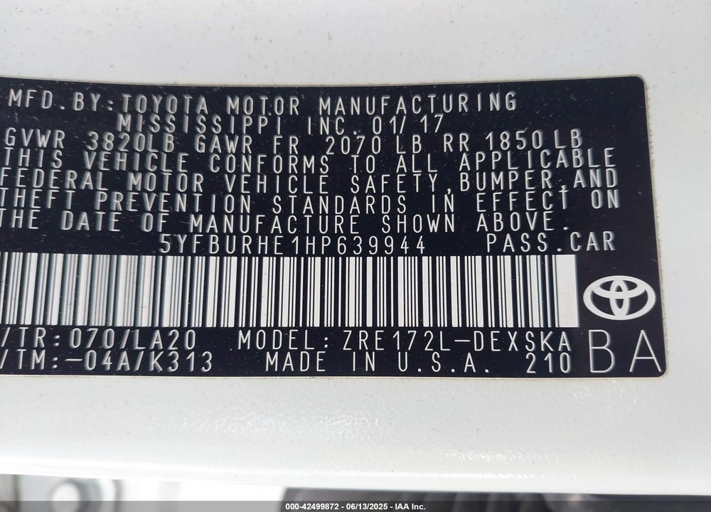 2017 TOYOTA COROLLA VIN: 5YFBURHE1HP639944