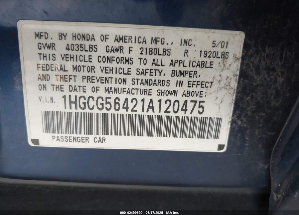 2001 HONDA ACCORD 2.3 LX VIN: 1HGCG56421A120475