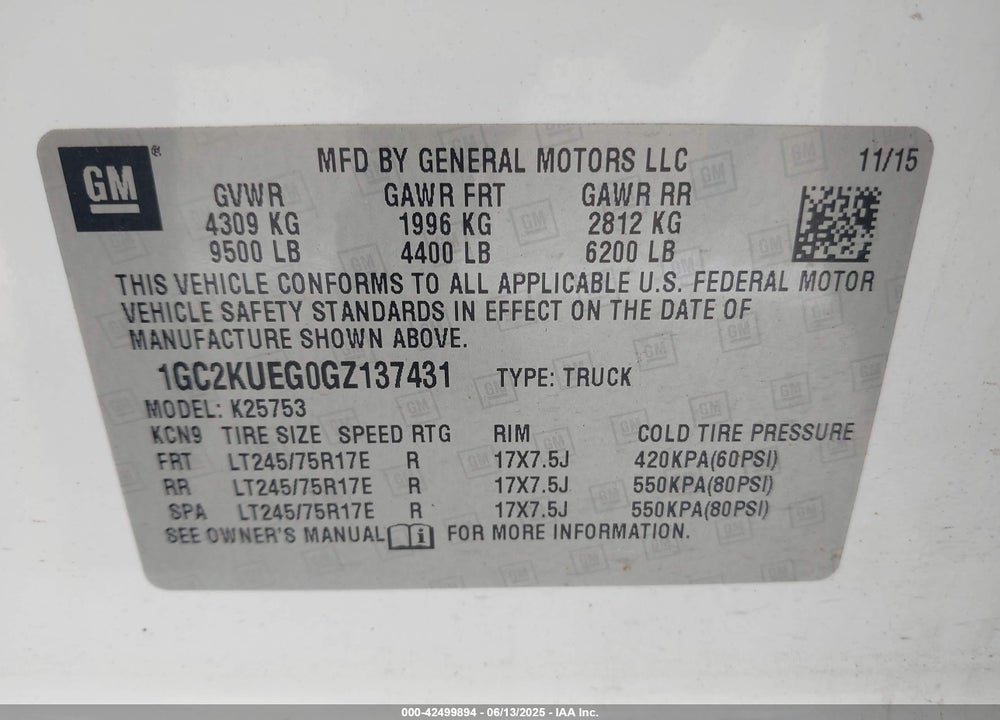 2016 CHEVROLET SILVERADO 2500HD VIN: 1GC2KUEG0GZ137431