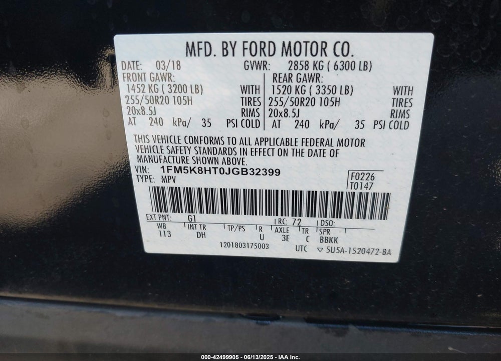 2018 FORD EXPLORER VIN: 1FM5K8HT0JGB32399