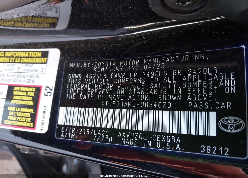 2023 TOYOTA CAMRY XLE HYBRID VIN: 4T1F31AK6PU054070