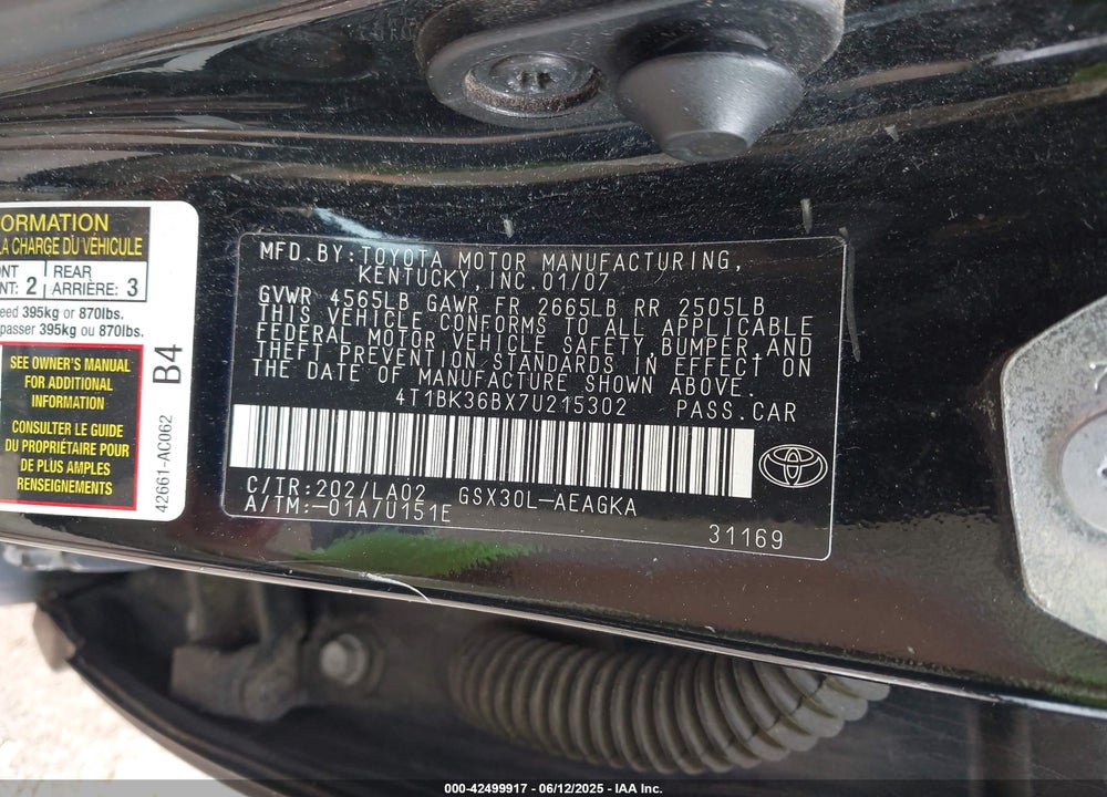 2007 TOYOTA AVALON VIN: 4T1BK36BX7U215302