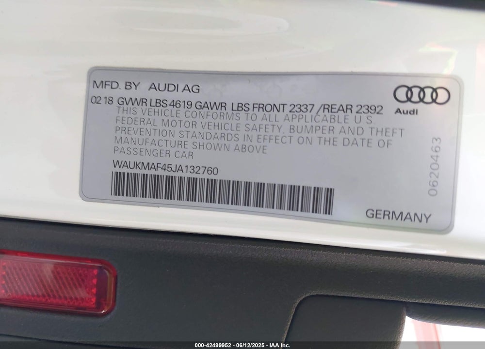 2018 AUDI A4 VIN: WAUKMAF45JA132760
