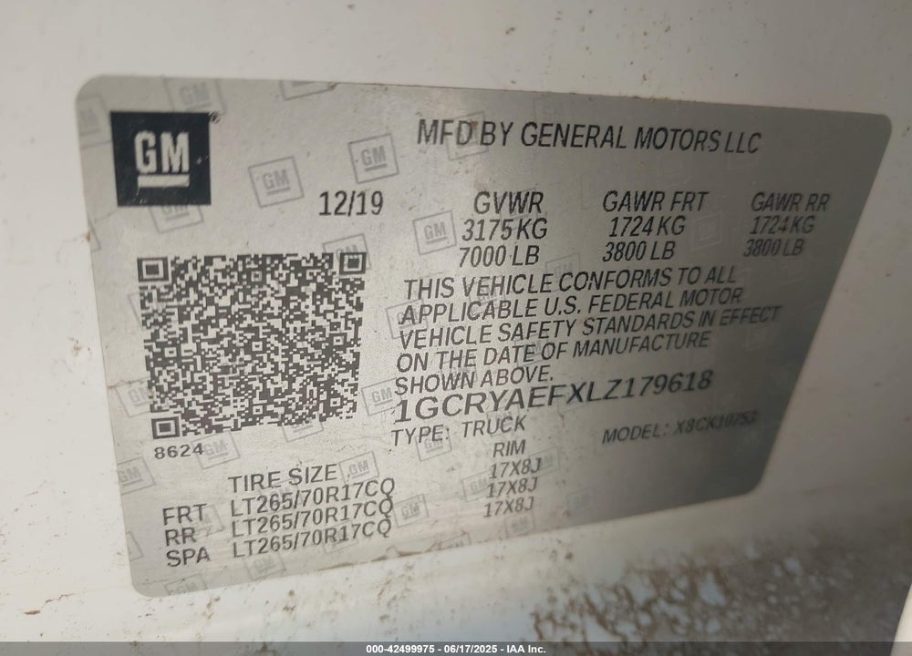 2020 CHEVROLET SILVERADO 1500 VIN: 1GCRYAEFXLZ179618