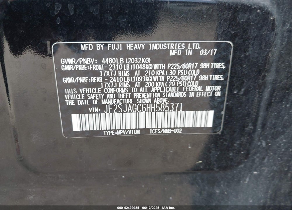 2017 SUBARU FORESTER VIN: JF2SJAGC6HH585371
