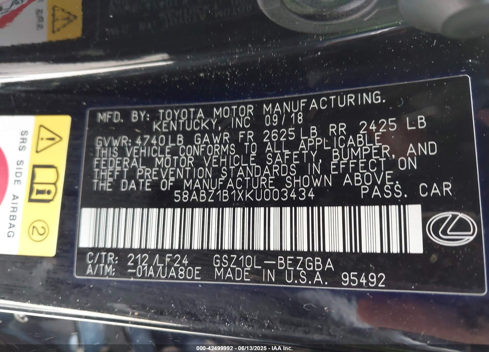 2019 LEXUS ES 350 VIN: 58ABZ1B1XKU003434
