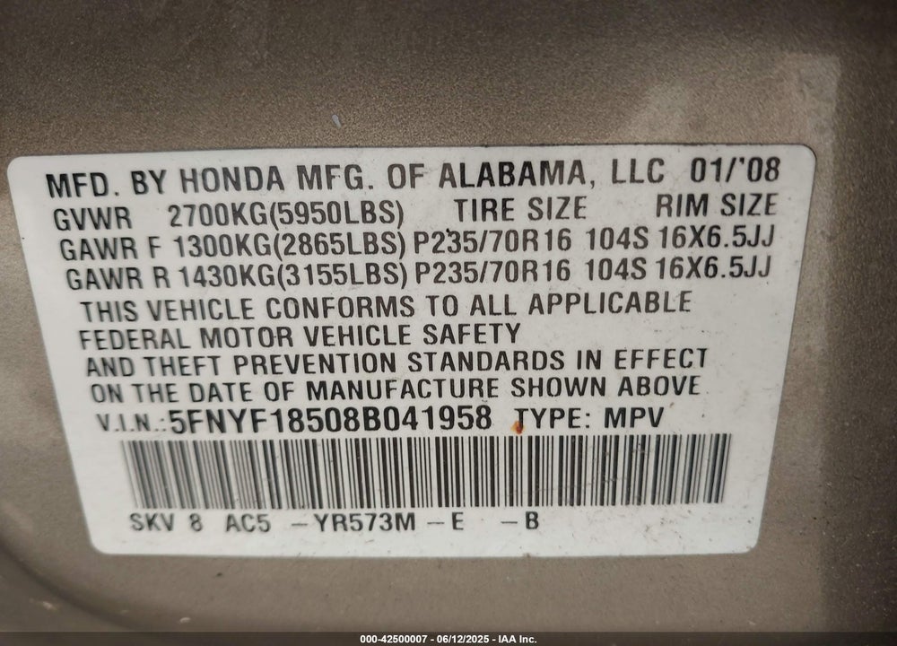 2008 HONDA PILOT EX-L VIN: 5FNYF18508B041958