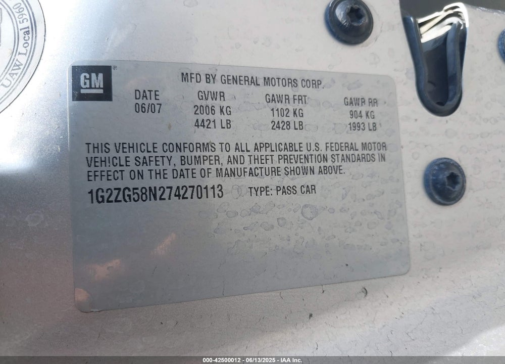 2007 PONTIAC G6 VIN: 1G2ZG58N274270113