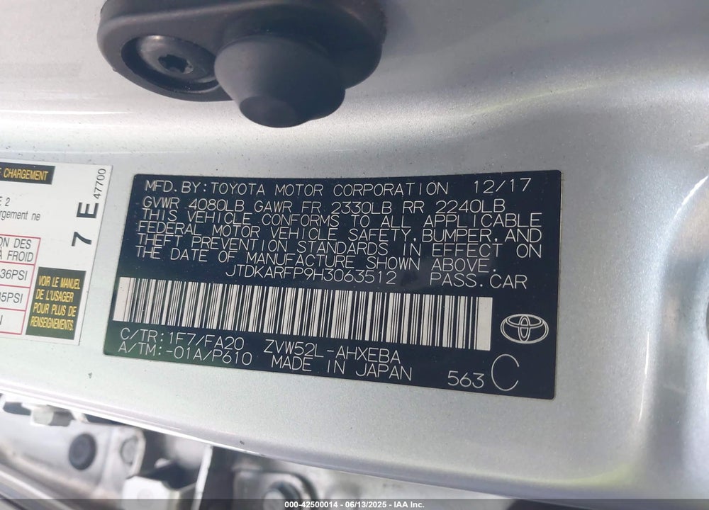2017 TOYOTA PRIUS PRIME VIN: JTDKARFP9H3063512
