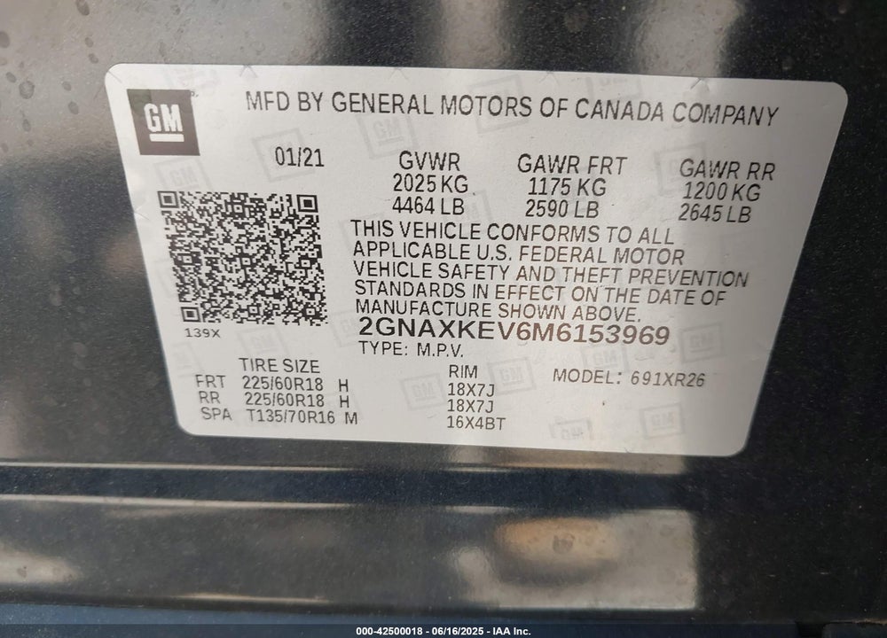2021 CHEVROLET EQUINOX VIN: 2GNAXKEV6M6153969