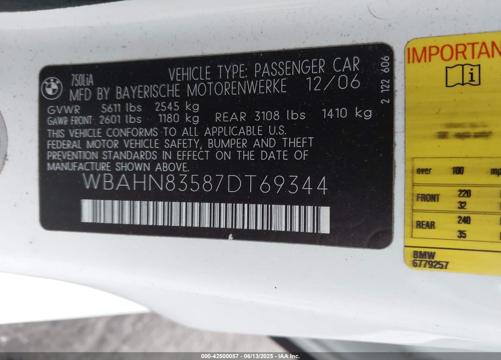 2007 BMW 750LI VIN: WBAHN83587DT69344
