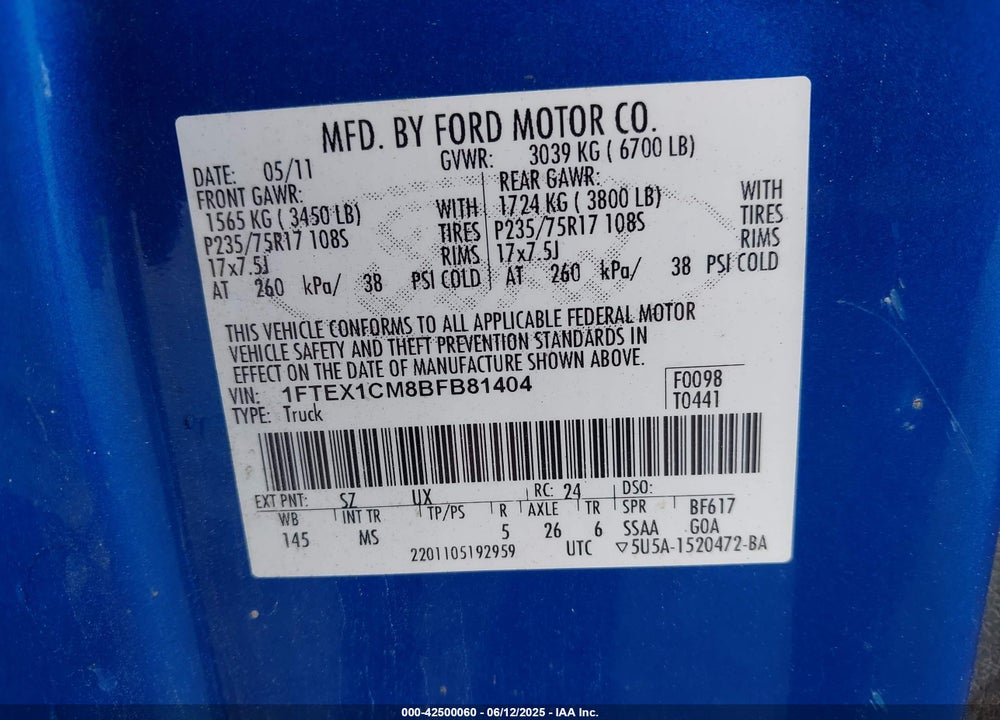 2011 FORD F-150 XLT VIN: 1FTEX1CM8BFB81404