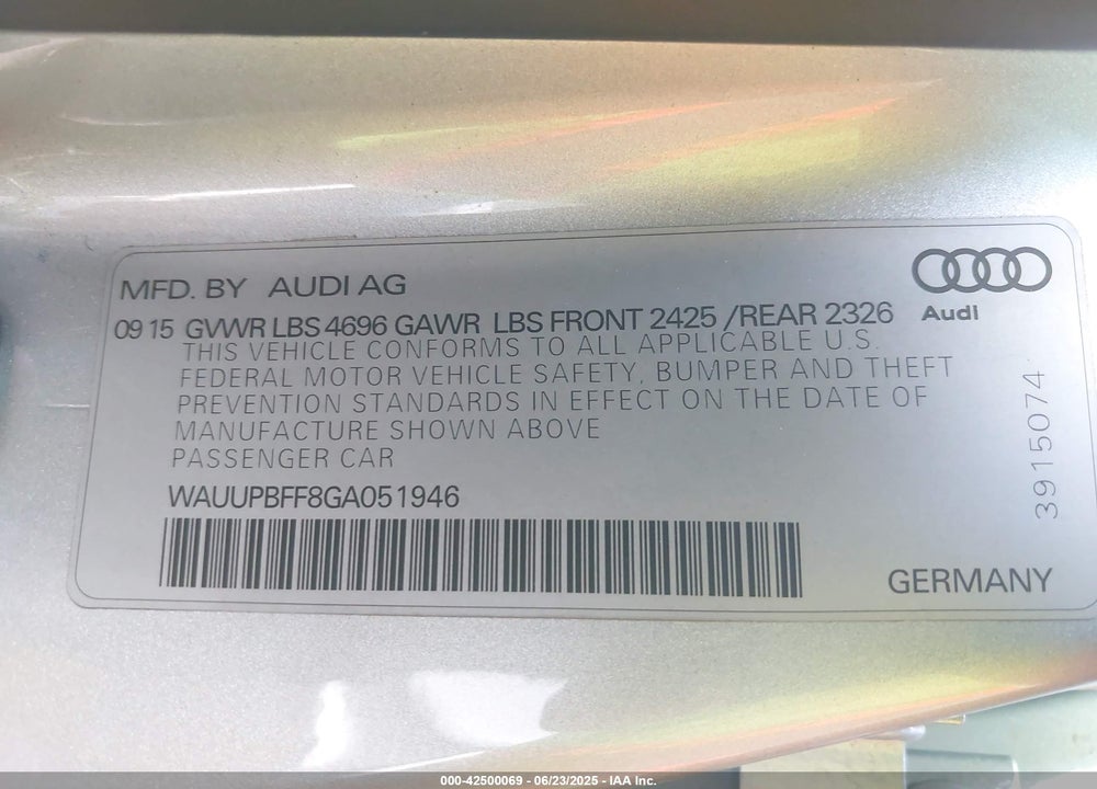 2016 AUDI A3 E-TRON VIN: WAUUPBFF8GA051946