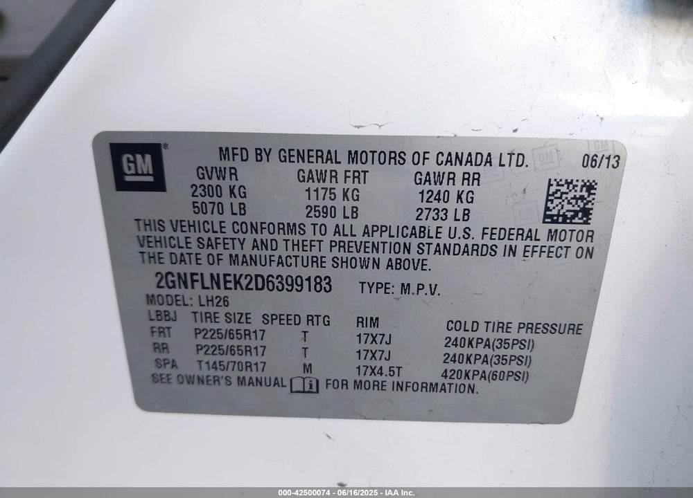 2013 CHEVROLET EQUINOX 2LT VIN: 2GNFLNEK2D6399183