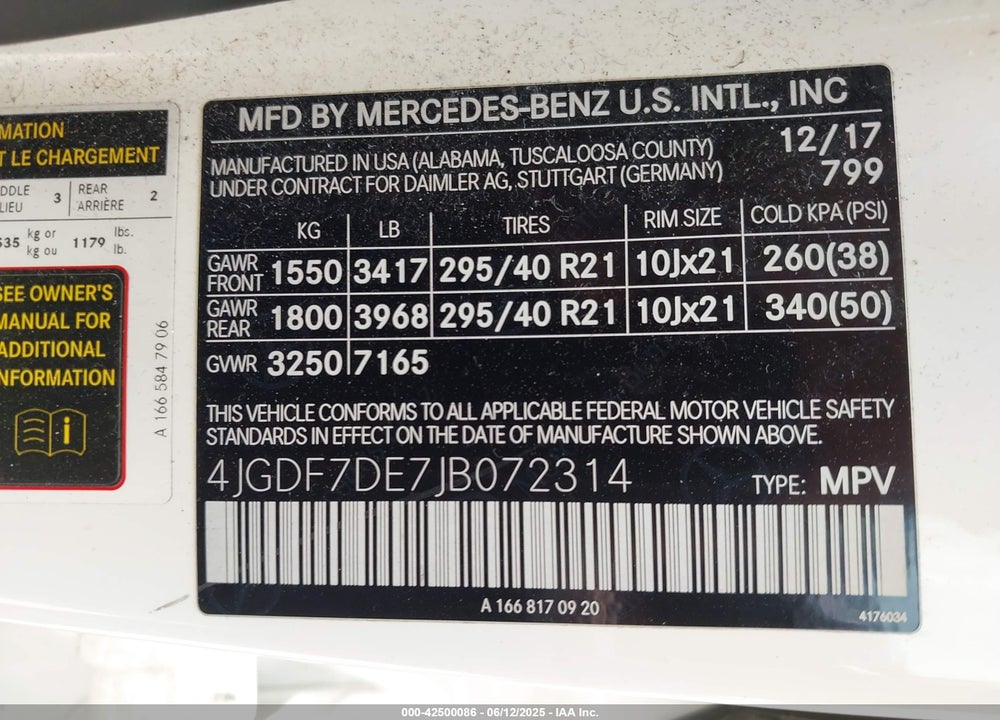 2018 MERCEDES-BENZ GLS-CLASS VIN: 4JGDF7DE7JB072314