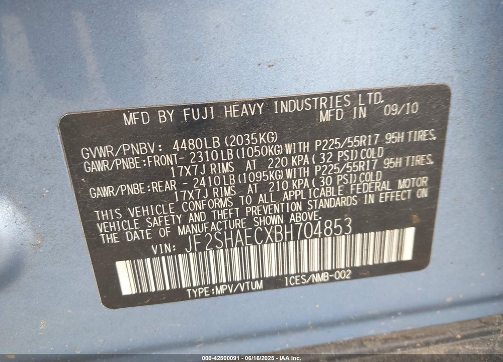 2011 SUBARU FORESTER VIN: JF2SHAECXBH704853