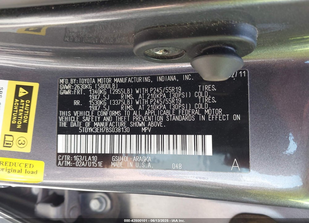 2011 TOYOTA HIGHLANDER VIN: 5TDYK3EH7BS038130