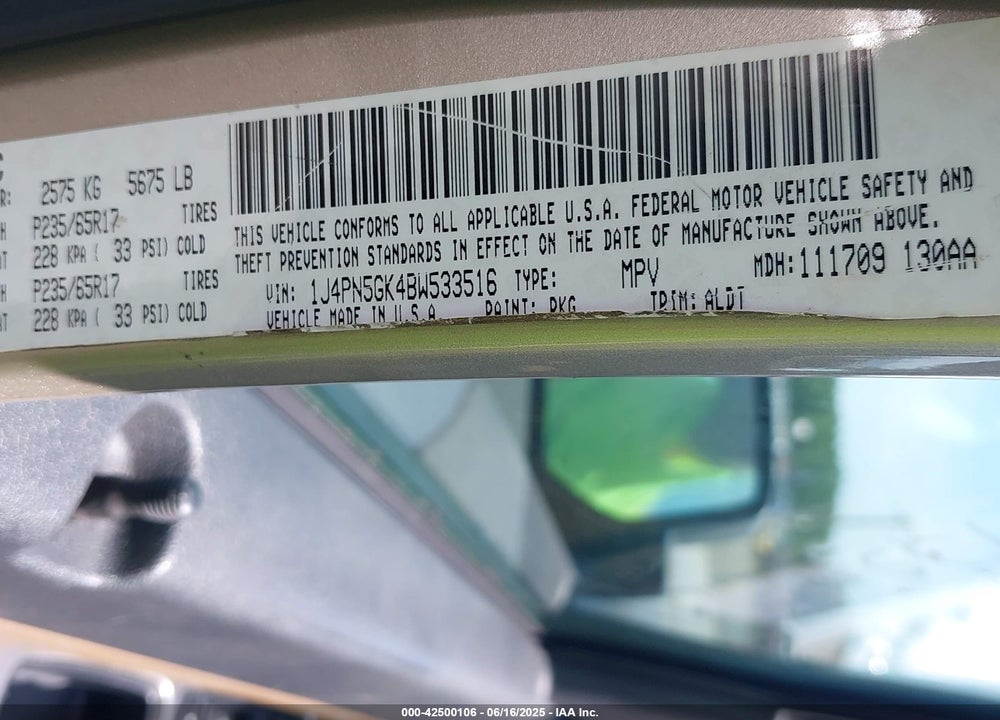 2011 JEEP LIBERTY LIMITED EDITION VIN: 1J4PN5GK4BW533516