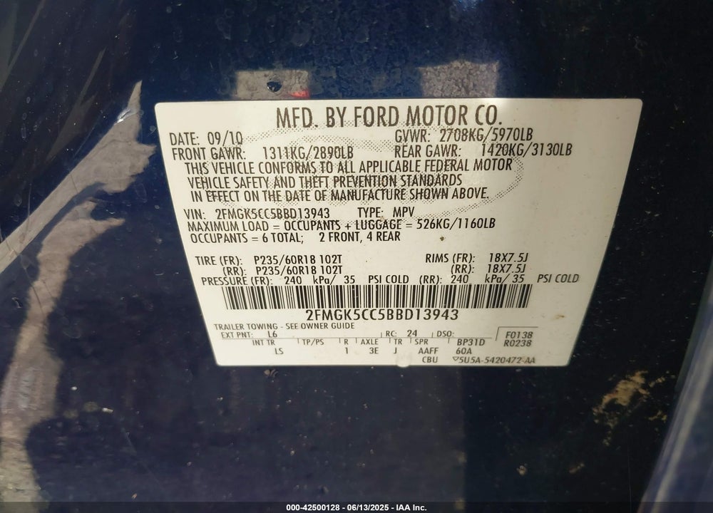 2011 FORD FLEX SEL VIN: 2FMGK5CC5BBD13943