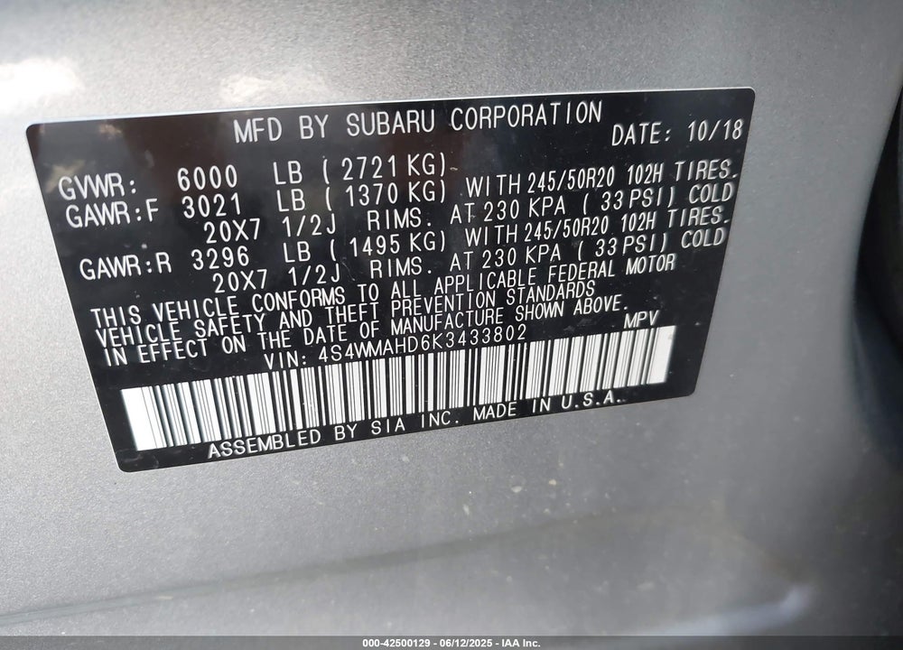 2019 SUBARU ASCENT PREMIUM VIN: 4S4WMAHD6K3433802