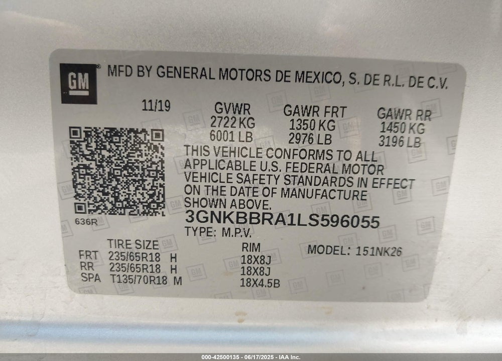 2020 CHEVROLET BLAZER VIN: 3GNKBBRA1LS596055