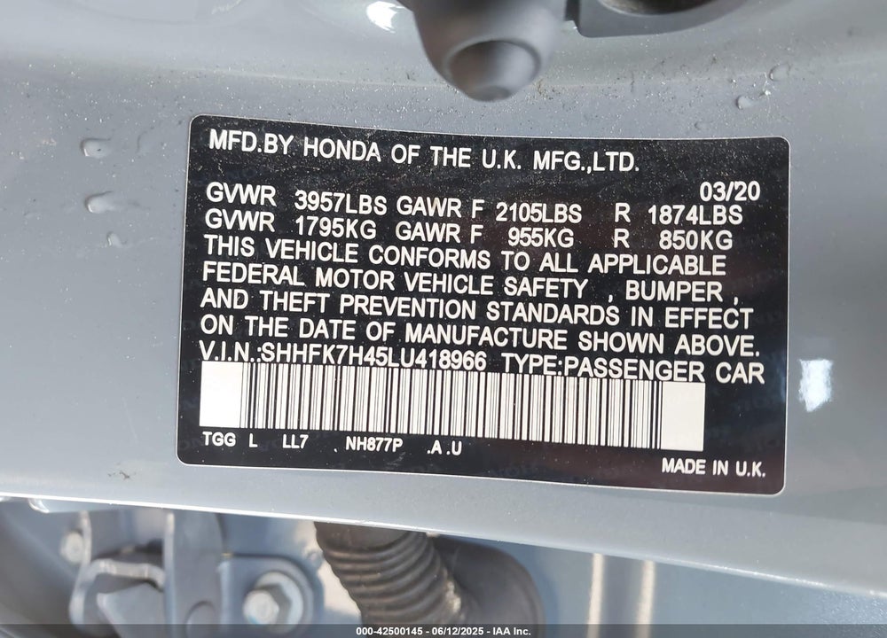 2020 HONDA CIVIC VIN: SHHFK7H45LU418966